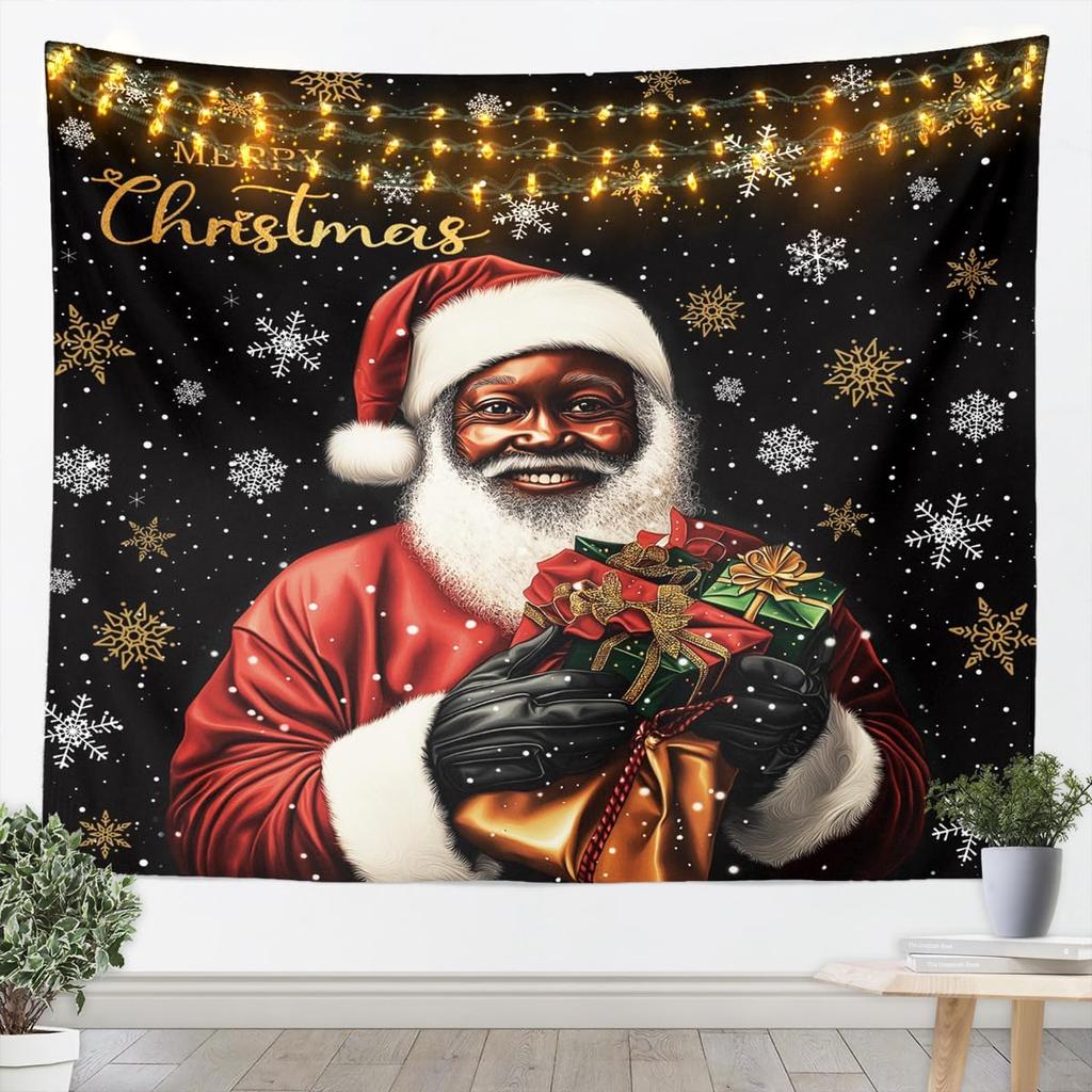 Black Santa Claus Tapestry Afro African American Wall Art Merry Christmas Wall Hanging Blanket for Living Room Bedroom Home