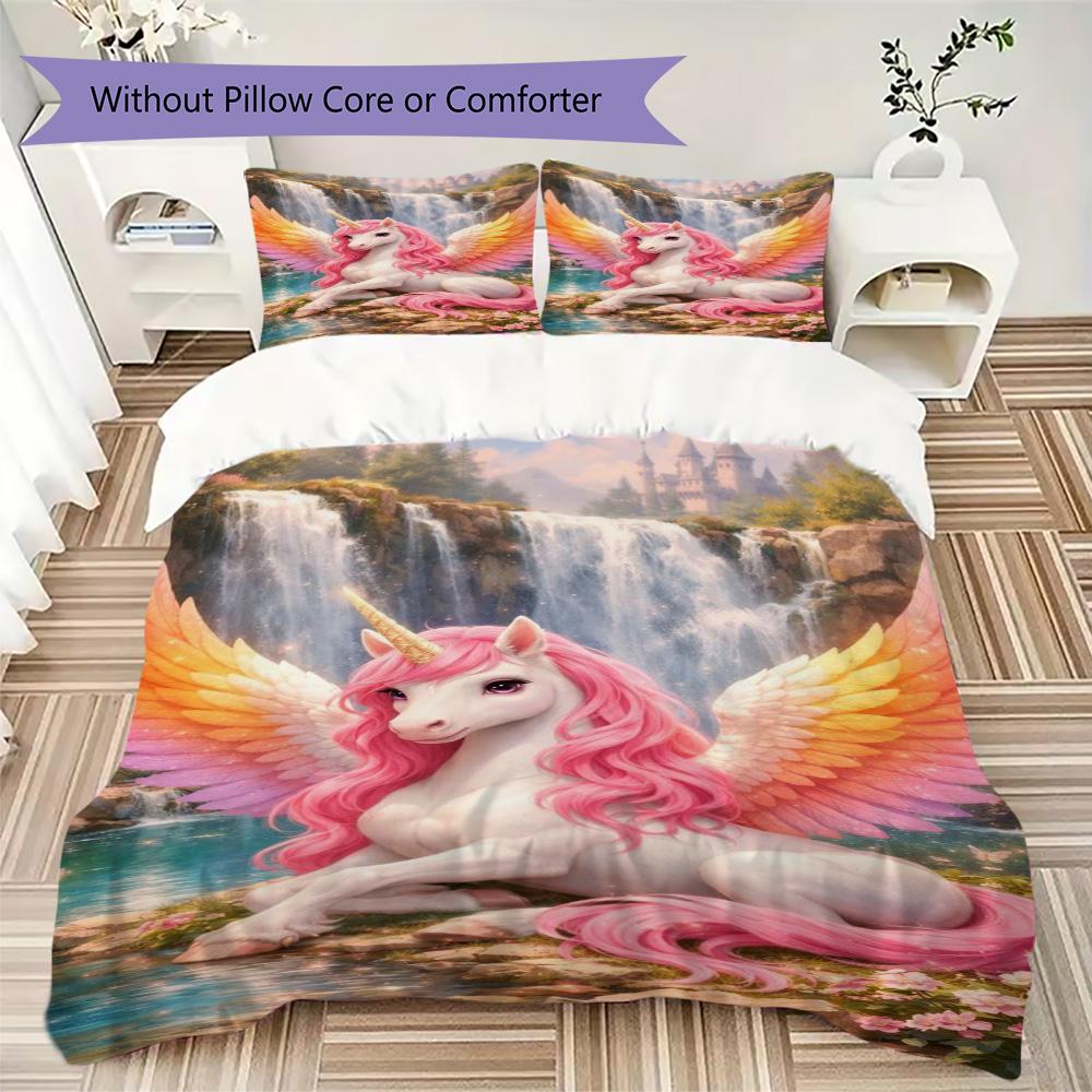 Purple Moonlight Unicorn Print Bedding Set, Kids Fantasy Bed Linen Duvet Cover Set(1 * duvet cover + 2 * pillowcase, without core)