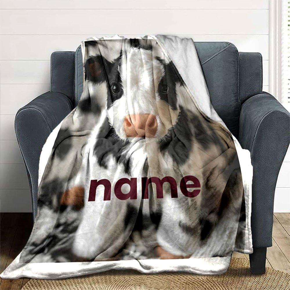 Adorable Cow Plush Toy On A Soft Blanket Lightweight Personalized Blanket Customize Your Name Durable Comfort For Sofa Couch Office Bed Picnics Ideal