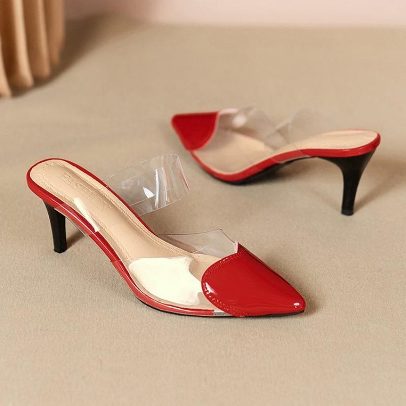 PVC Women Mules Pointed Toe Slip On Patchwork Hearts Patent Leather Elegant Thin High Heel Lady Pumps Sexy Party Slippers Summer