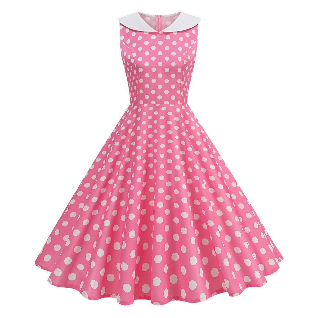 Women's Sleeveless Retro Polka Dot Dress with Collar