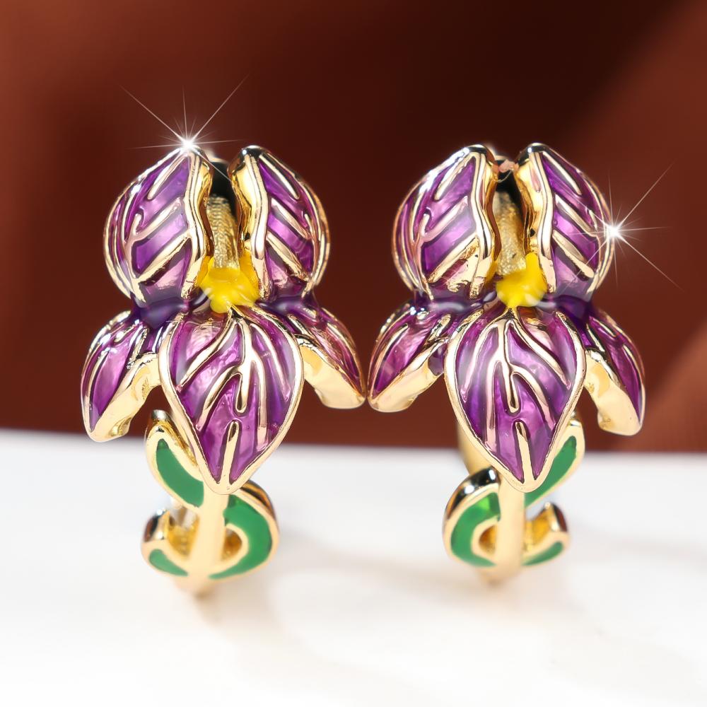 Charming Purple Enamel Iris Flower Huggie Earrings for Women Two Color Options Daily Wear and Party