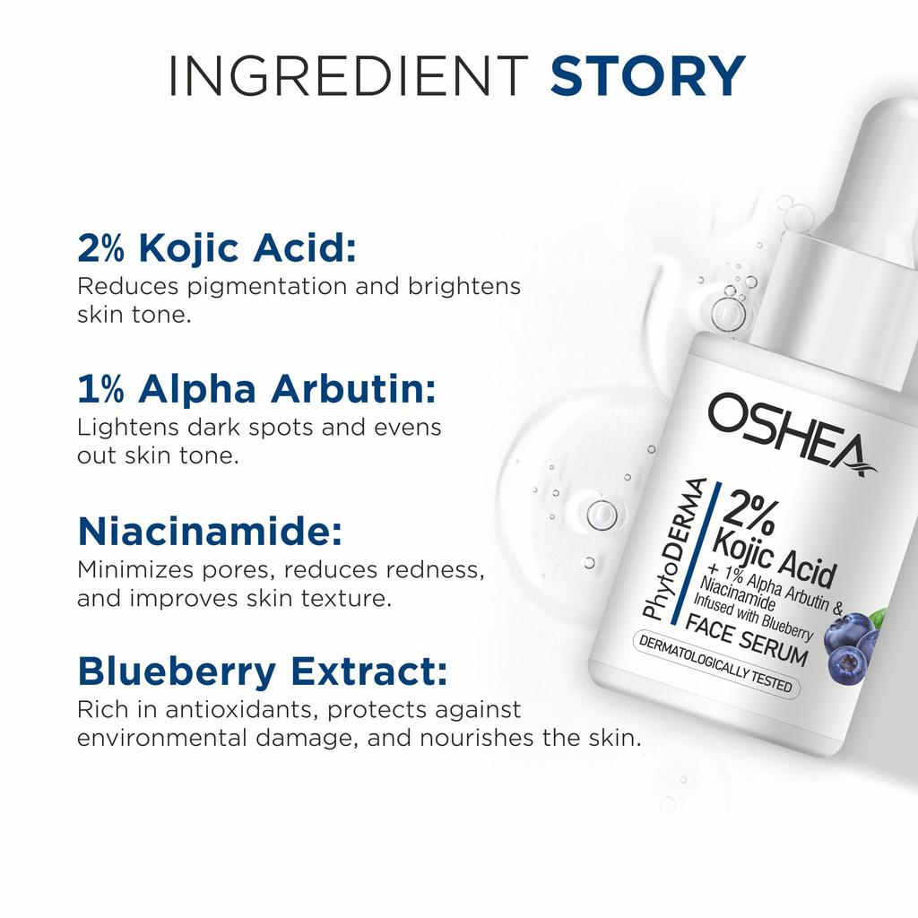 Oshea PhytoDERMA 2% Kojic Acid, 1% Alpha Arbutin, Niacinamide with Blueberry Extract Face Serum 30ml | Fights Pigmentation, Fades Dark Spots | Brig