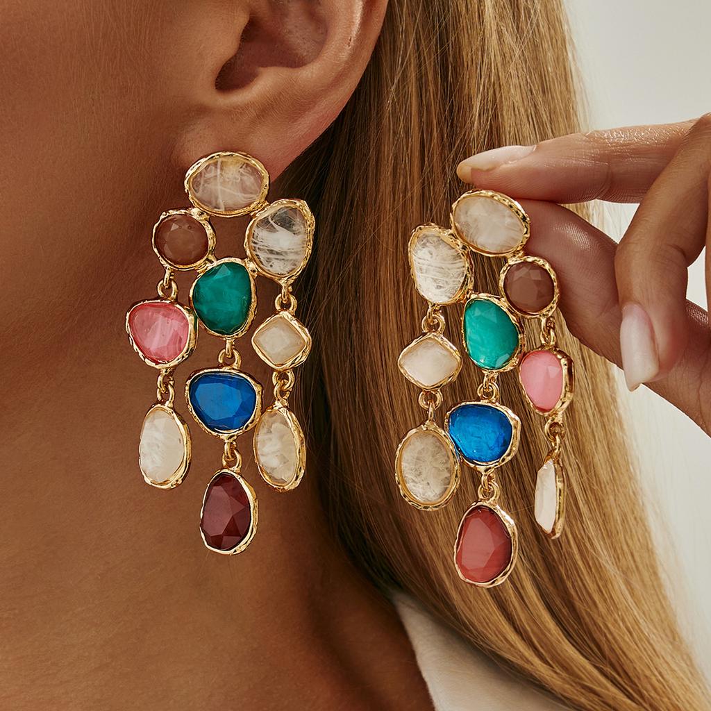 Bohemian Colored Acrylic Diamond Stud Earrings, Stylish Irregular Resin Pendant Earrings