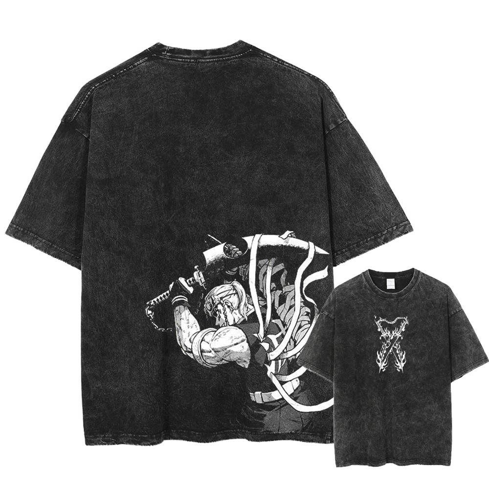 Men Streetwear Summer Rengoku Kyoujurou Top Tee Harajuku Anime Demon Slayer Printed T-shirt Vintage Washed Oversized Tshirt