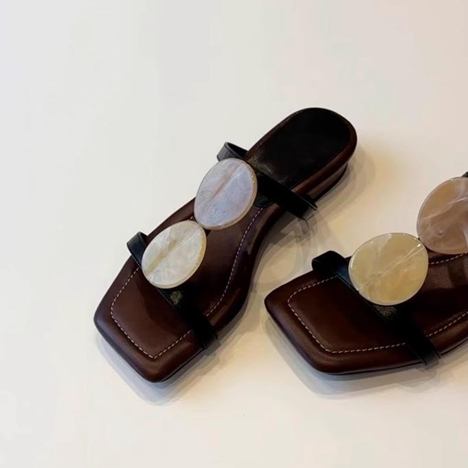 Blue Cabinet Version~ Niche French One-word Cool Slippers Women's Open-toed Square Head Temperament Roman Shoes Flat Beach Shoes