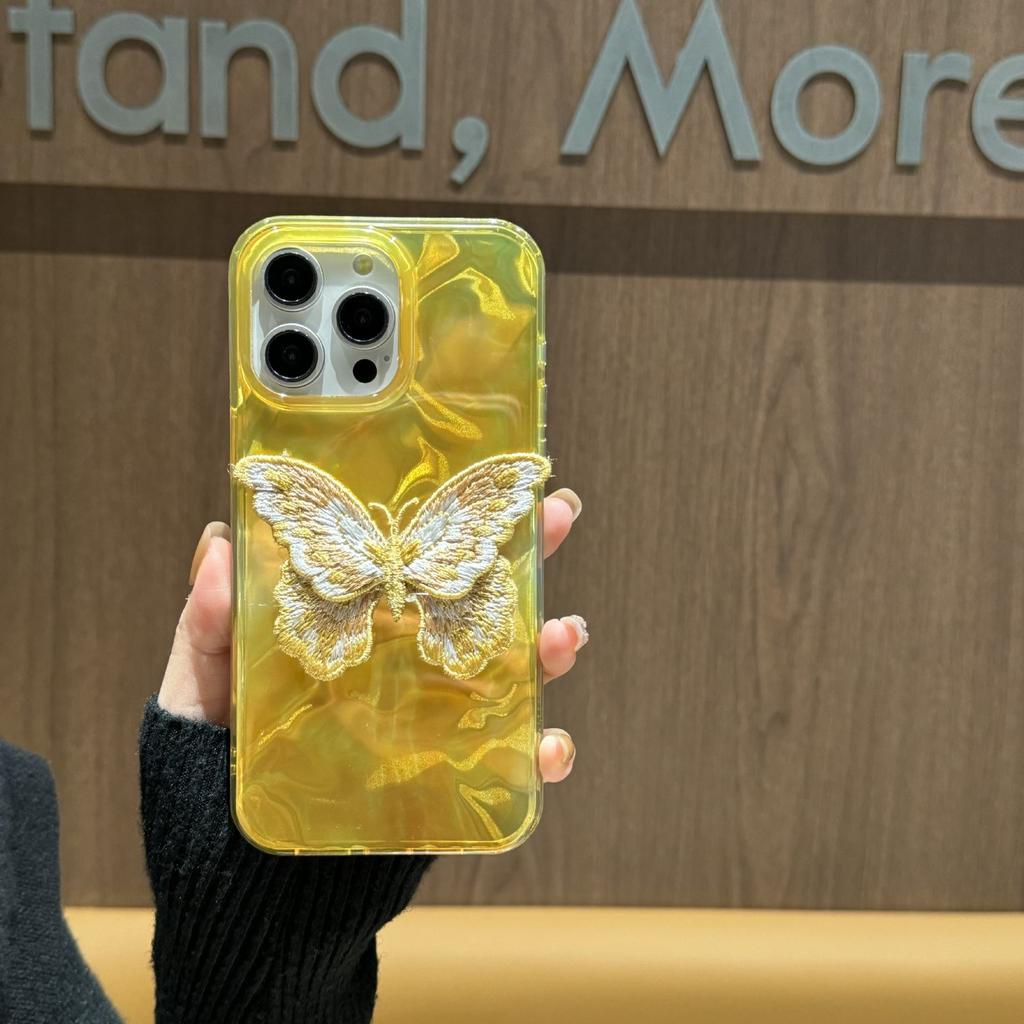 iPhone 14/13 ProMax Laser Fantasy Golden Butterfly Water Ripple Case for Cross-Border Use.