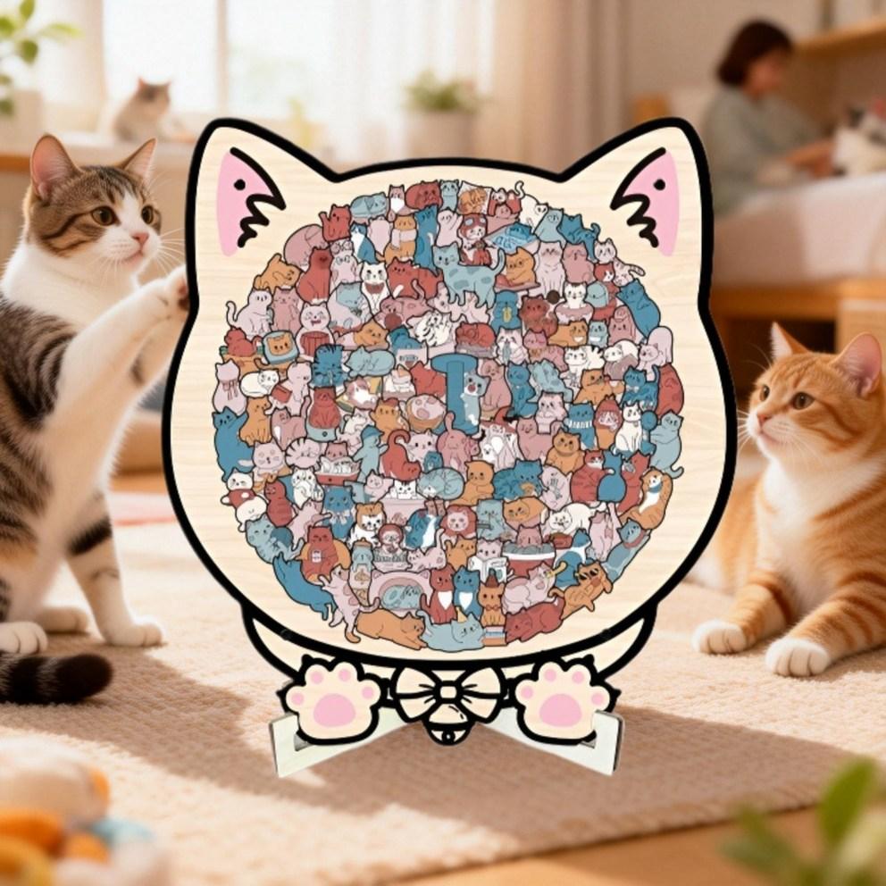 YAPOGI Adorable Cat Wooden Jigsaw Puzzle for Stress Relief & Fun