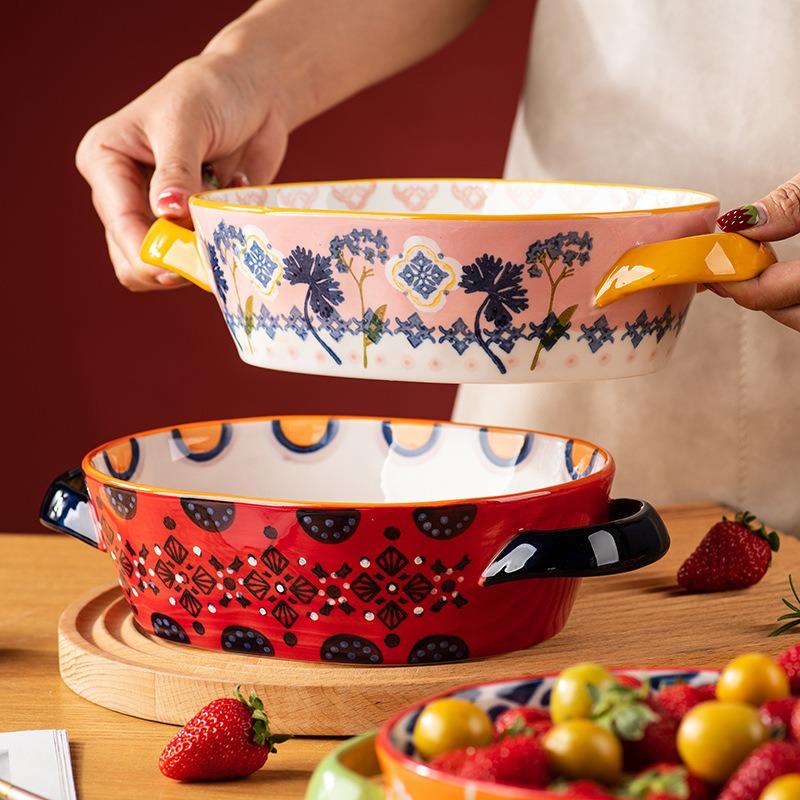 Flowering Binaural Bowl Ceramic Creative Retro Tableware Plate Plate Cheese Baked Rice Plate Vegetable Plate Fruit Plate