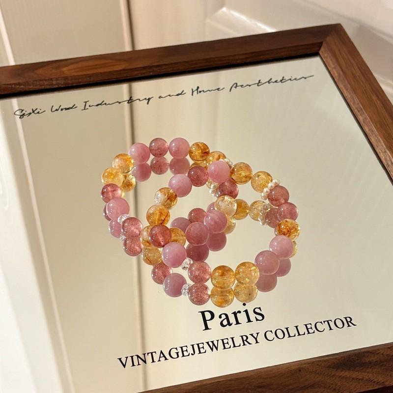 Womens Strawberry Citrine Rose Quartz Beaded Bracelet Dainty Crystal Jewelry Everyday Wear