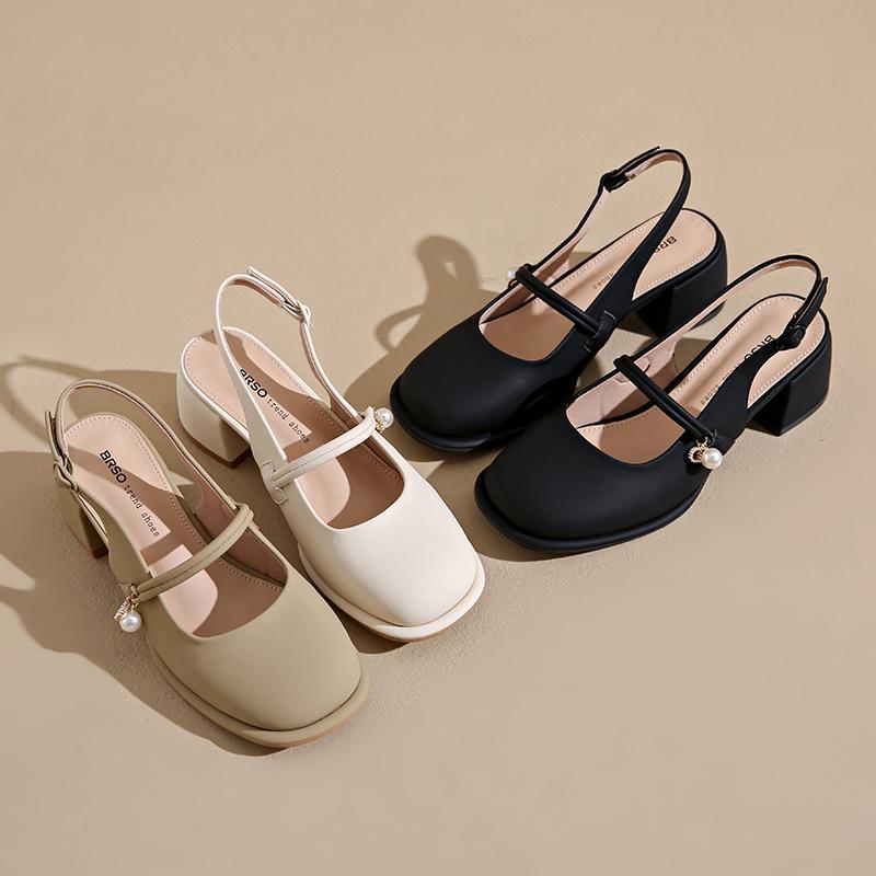 2025 Summer New Women's Mary Jane Shoes High Heel Fairy Tale Style Slip-On Match Skirts French Thick Heel Single Shoes Round Toe