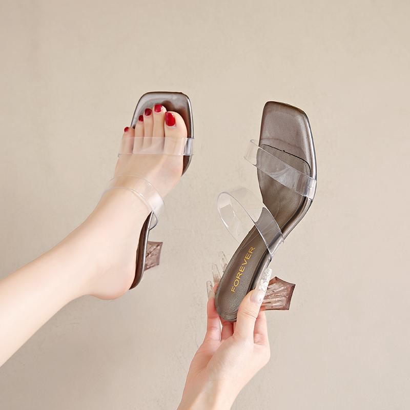 Fashion High-heeled Slippers for Women's Outward Wear Summer New Transparent Square Head with Legs Long Crystal Thin Heel Cool Mat