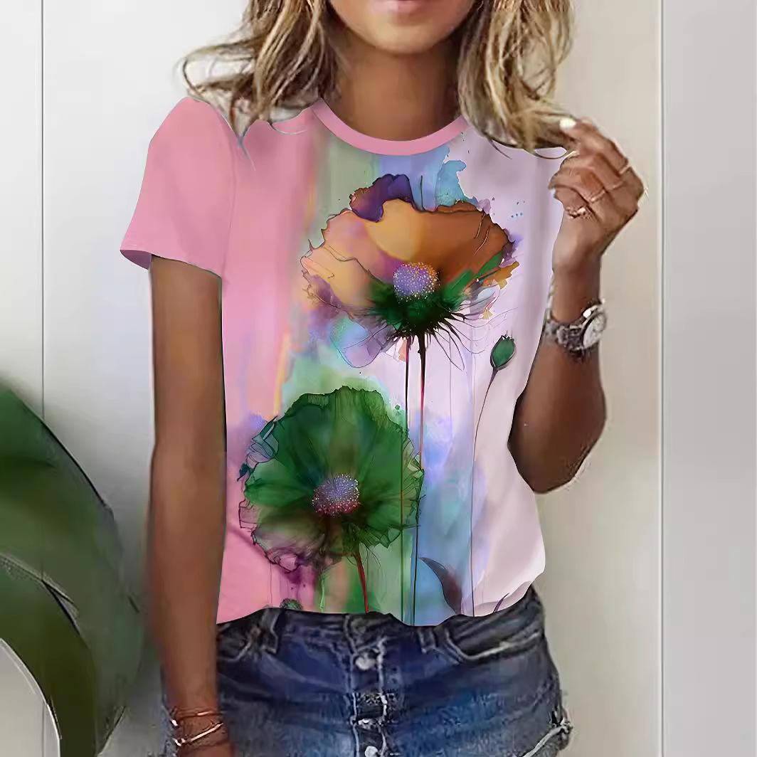 

Round Neck Short Sleeved Floral Pattern Color Blocked 3D Printed Top for Summer Fashion and Casual Women s T-shirts XS
