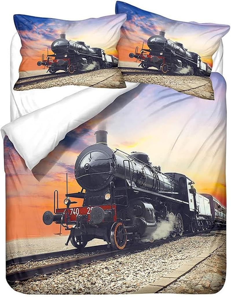 3D Train Digital Printing Duvet Cover Set, Retro Steam Train Theme Bedding Set Microfiber Duvet Set Train Track Pillowcases