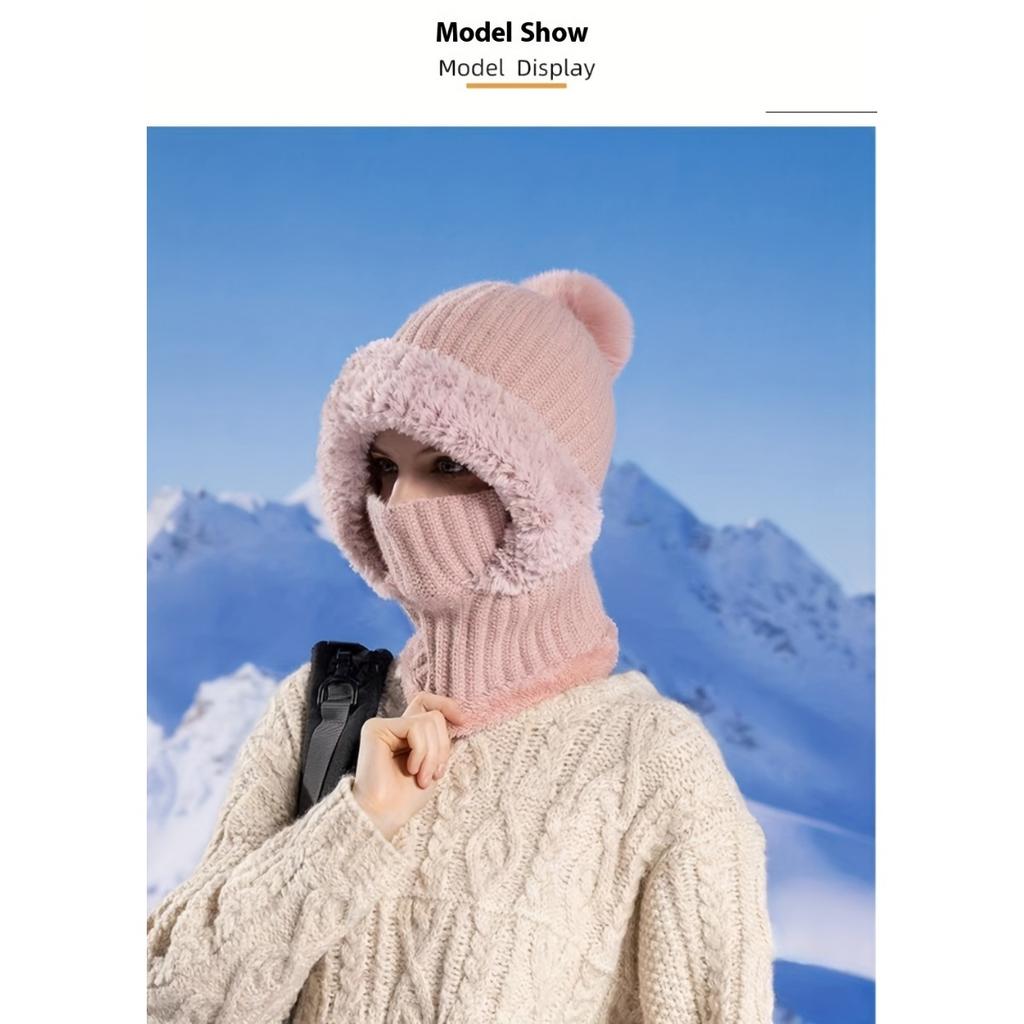 Women's Winter Hat Face Mask and Plush Earrings - Soft and Warm Full Face and Head Cover- Soft Fleece Lining Women's Winter Hat