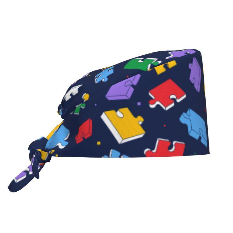 Autism Awareness Colorful Puzzle Pieces Working Cap Women Scrub Cap with Sweatband Adjustable Tie Back Hat Nurse Surgical Caps