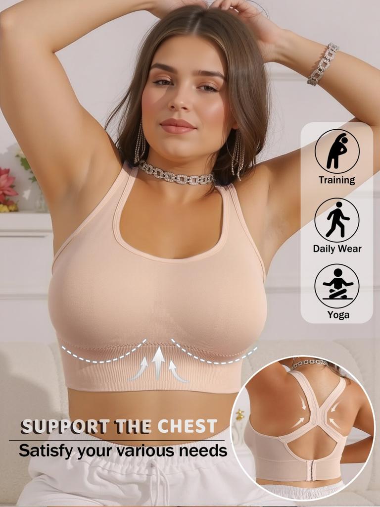 Plus Size Racerback Sports Bra for Women, High Support Wireless Workout Bra with Back Closure, Seamless Yoga Bra
