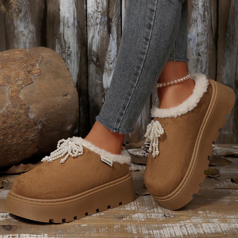 Fashion Pearls Decor Thick Sole Plush Slippers Women Outdoor Warm Winter Cotton Shoes Woman Plus Size 36-43 Non Slip Snow Boots