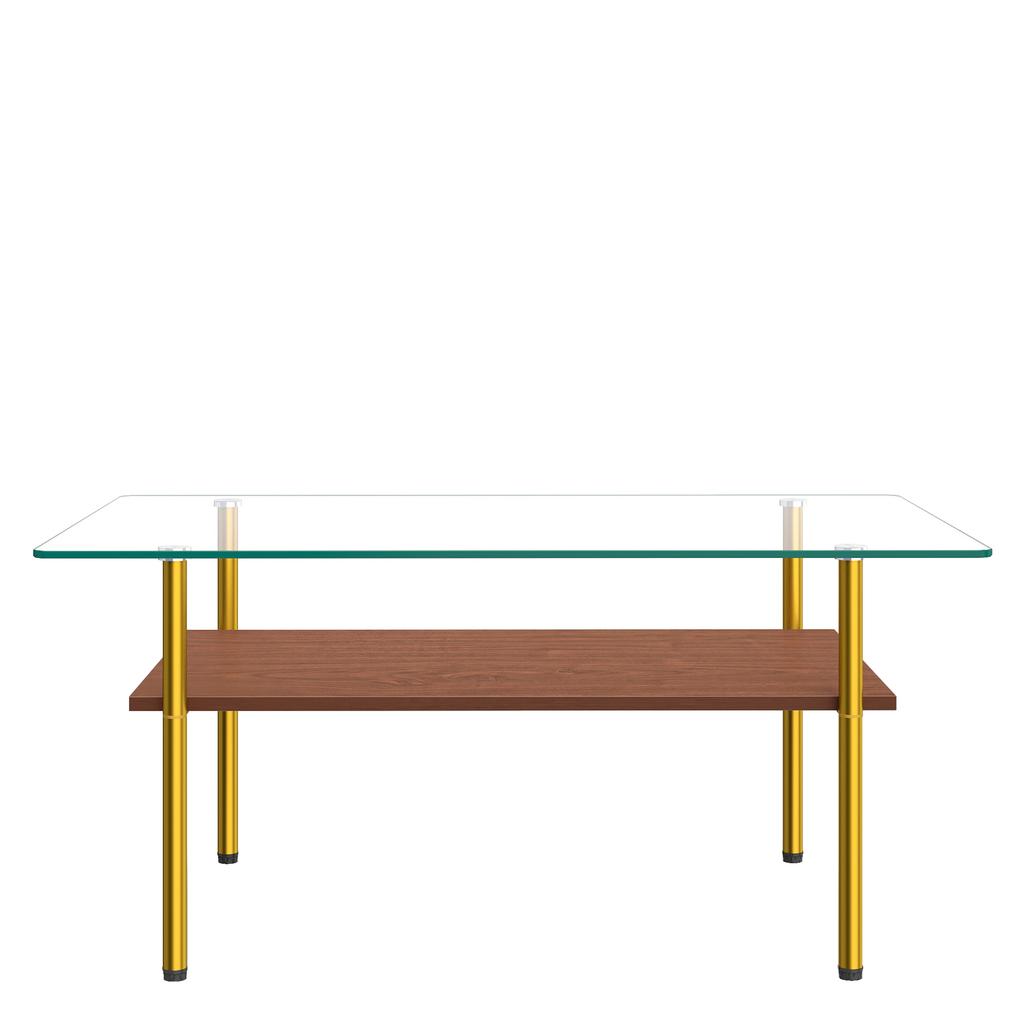 Modern Coffee Table with Glass Top and MDF Shelf, Gold-Colored Metal Frame, Rectangular Sofa Table in Luxury Design, Wood Look-H45/W98/D58 cm