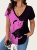 Europeisk och Amerikansk Dam Plus Size 2025 V-ringad Kattmönster Färgblock Kortärmad Casual Topp
