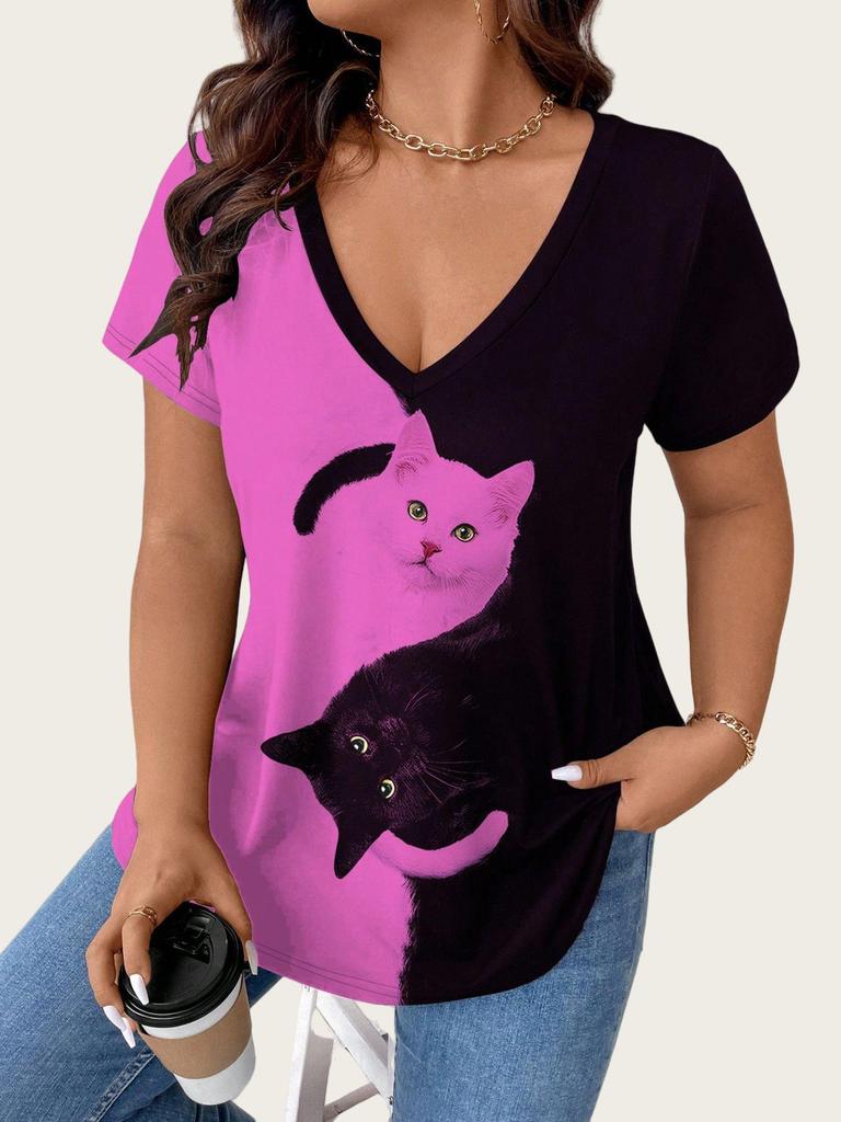 Europeisk och Amerikansk Dam Plus Size 2025 V-ringad Kattmönster Färgblock Kortärmad Casual Topp