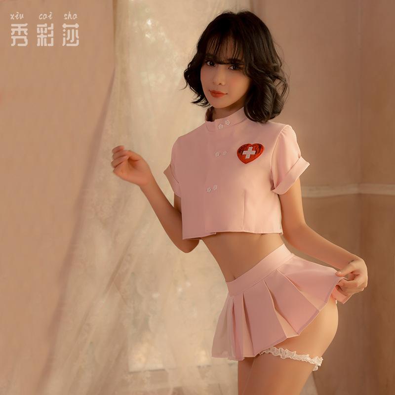 Sexy Dessous-Uniform Verführung Krankenschwester Cosplay Süßes durchsichtiges Oberteil Sexy Faltenrock geteilter Anzug