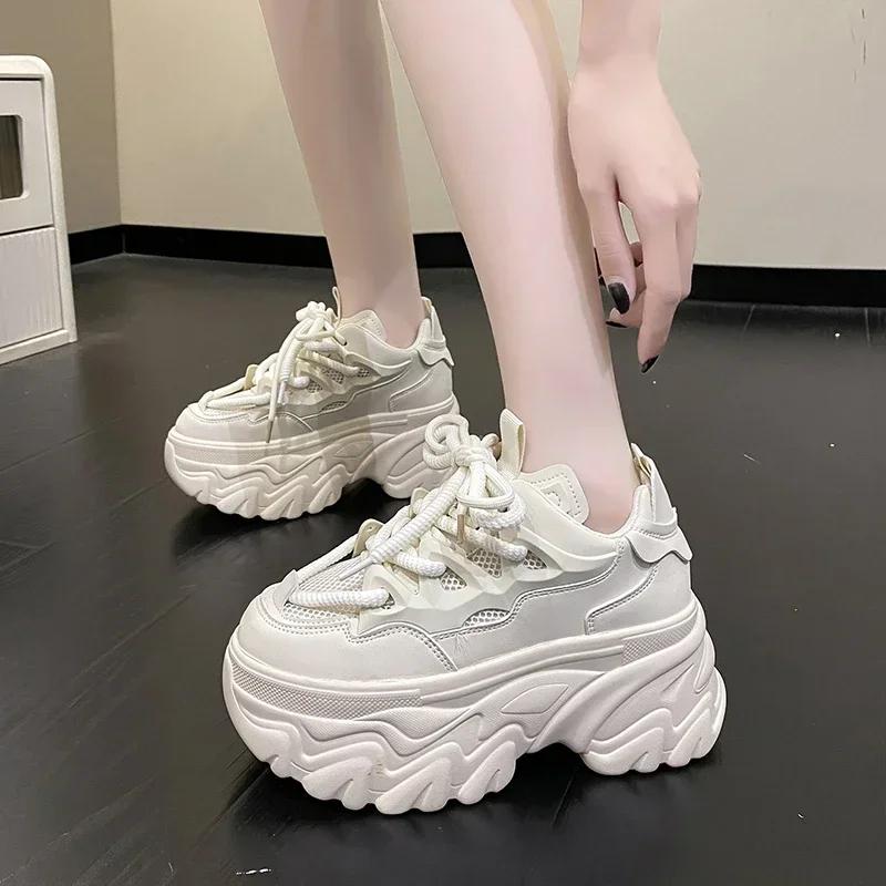 Fashion 8.5cm Women Platform Sneakers Lace-up Autumn Sports Dad Shoes High Top Chunky Casual Shoes Woman Thick Bottom Mesh White Shoes