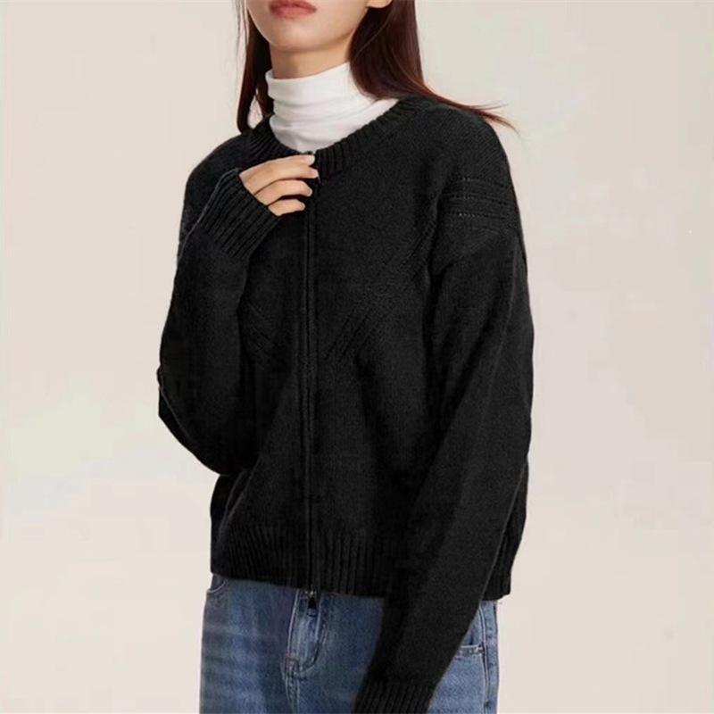 Versatile Women's Round Neck Knit Cardigan - Solid Color Zipper Outerwear for Autumn, Winter, and Spring