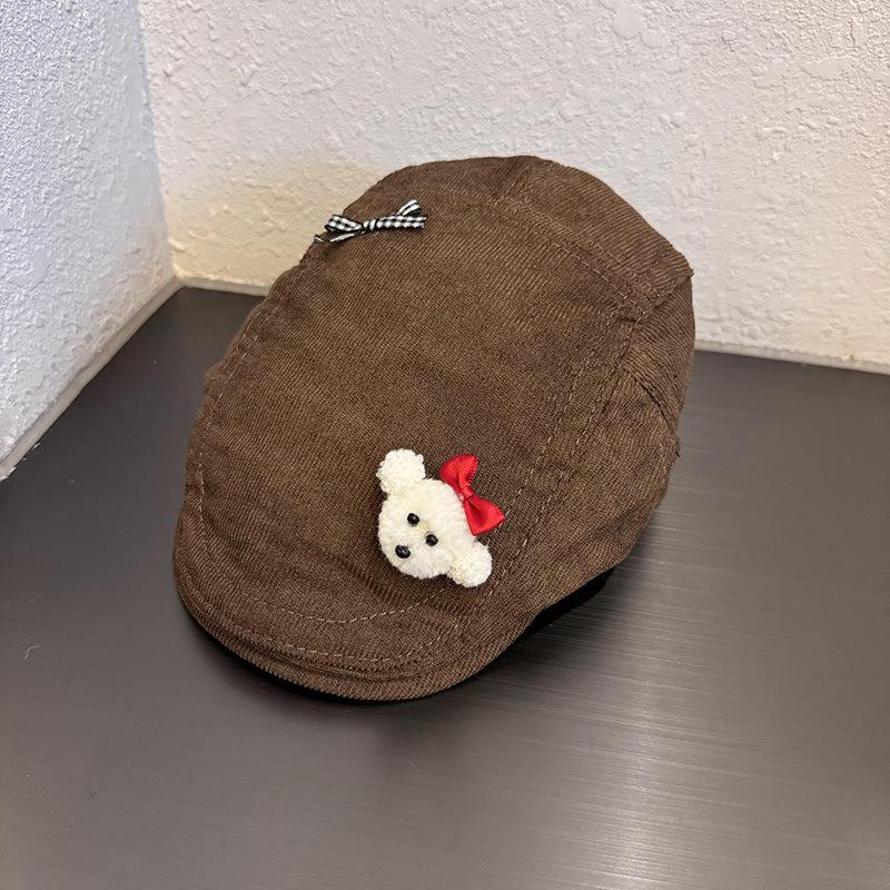 Cute Teddy Bear Flat Cap, Corduroy Newsboy Hat with 3D Bear Bow Decor, Casual Beret for Women & Girls