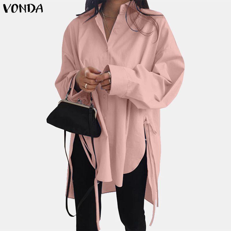 VONDA Übergroße Damen Casual Umlegekragen Langarm Einfarbig Locker Blusenhemden