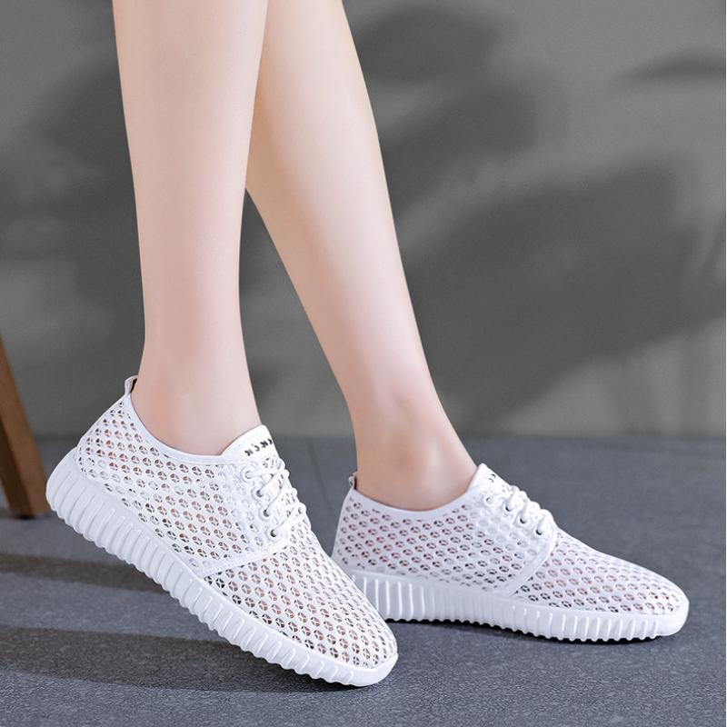 Womens Shoes Hollow Out Breathable Lace Up Flats Breathable Mesh Lightweight Shoes Casual All-match Sneakers Zapatos De Mujer