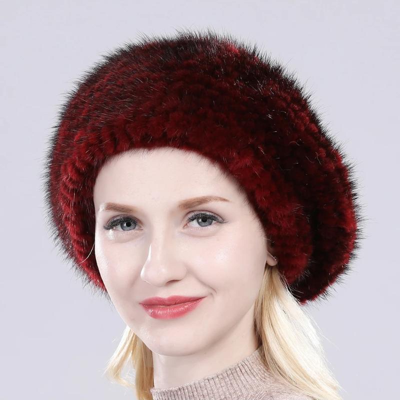 New Winter Lady Natural Mink Fur Beanies Hat Knit Warm Striped Genuine Mink Fur Caps Women Good Elastic Real Mink Fur Hat