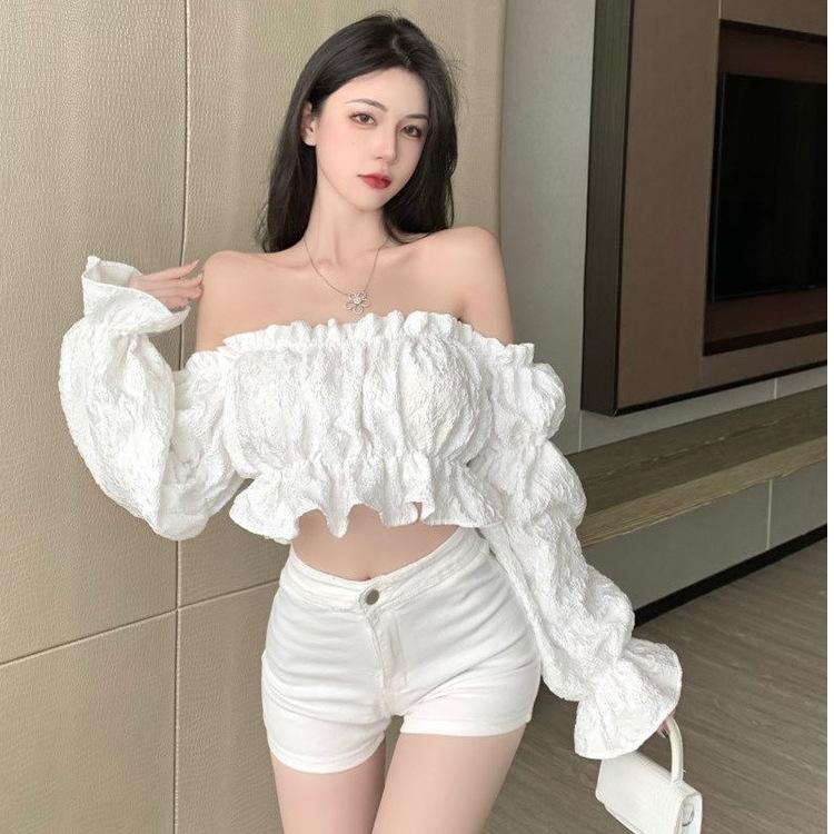 Pure desire girl one-word shoulder ruffle edge long-sleeved shirt women's design sense niche spring and autumn short chic top
