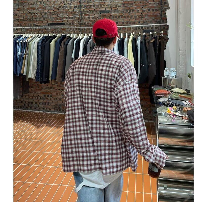 2024 Plaid Long Sleeve Shirt Japanese Hong Kong Style Ins Loose Shirt Boys Summer Trendy Versatile Casual Coat