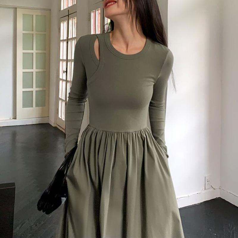 Vestido negro vintage para mujer, elegante, ajustado, con agujeros, de punto, de manga larga, con cuello redondo, para oficina, otoño e invierno