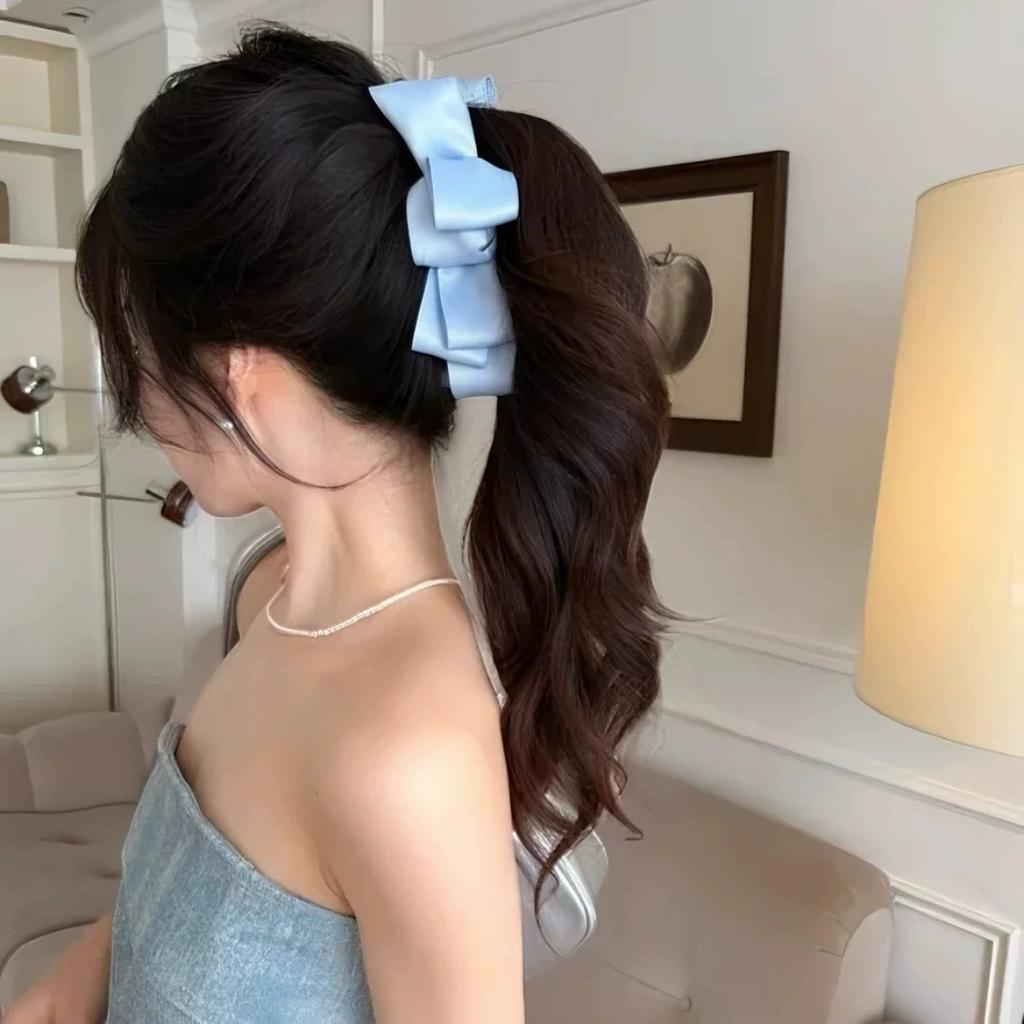Korean Black Satin Bow Banana Clip Women's Back Head Hair Vertical Clip Temperament Ponytail Clip Hairpin Headdress