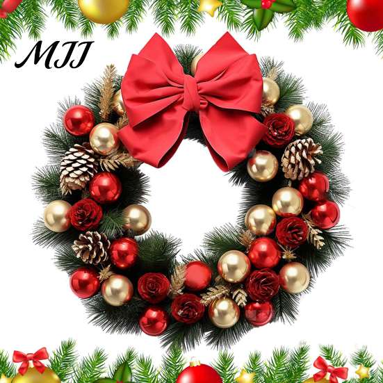 Reusable Holiday Wall Decor Christmas Wreath Decal, Door Sticker with Red Bow, Baubles & Pinecones, Self Adhesive Pine Cones Removable Art for