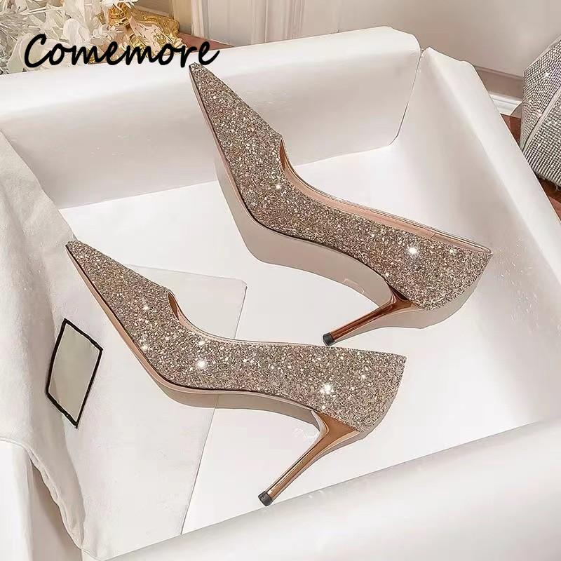 Comemore High Heels Women Wedding Pumps Shoes Heel Bride 2025 Gold Luxury Designer Elegant Party Sandals Dress Dance Sexy Silver