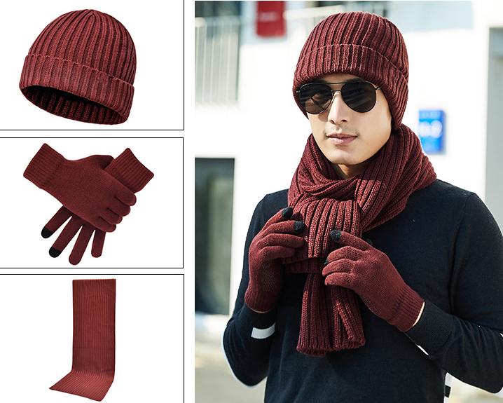 Autumn and Winter Thickened Outdoor Warm Three Piece Set Knitted Scarf, Hat, Gloves, Three Piece Set