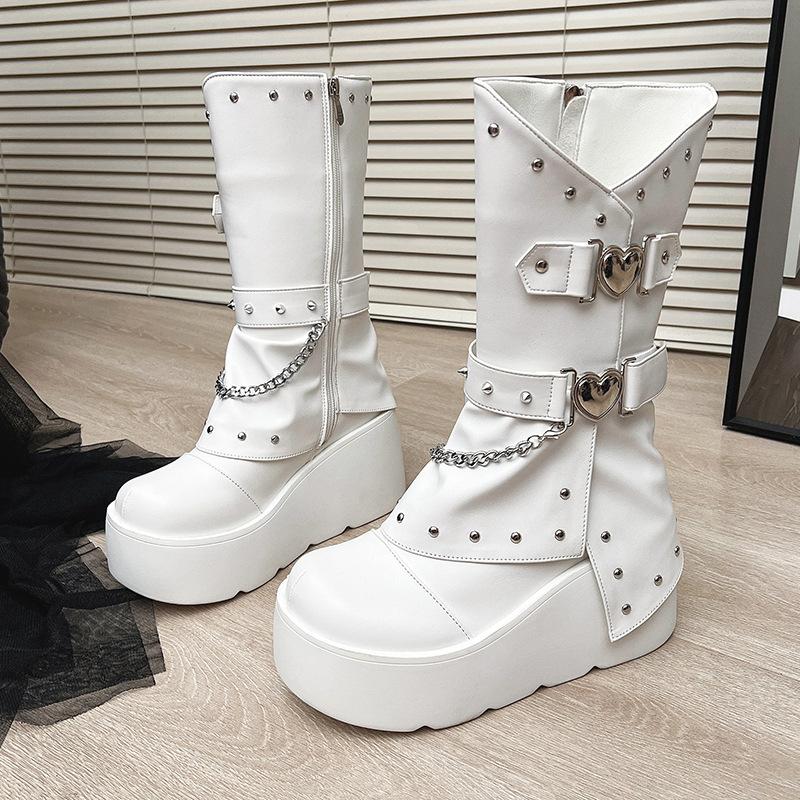 Women Boots Fashion Mid-calf Leather Boots 2025New Platform Boot Rivet Design Punk Style Boots for Women Knight Boot Botas Mujer
