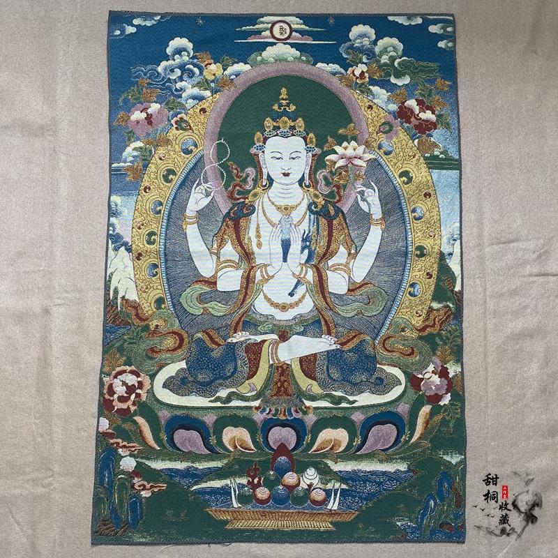 35"Thangka Embroidery Tibetan Buddhism silk Embroidery six arm Mahakala Vajra Buddha Thangka hanging screen Town house