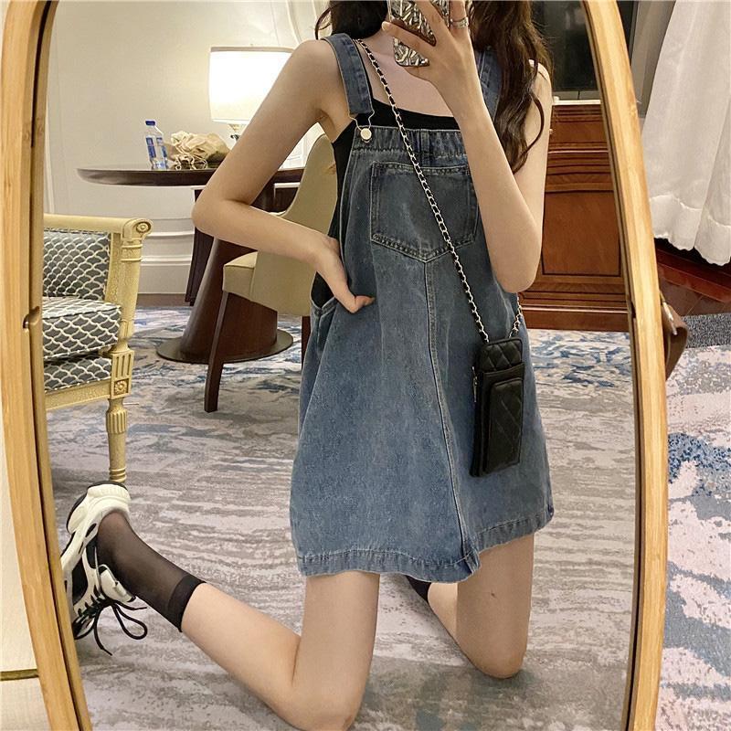 

Korean Style High-Waisted Denim Overall Dress - Summer Slimming Petite Trend S синий