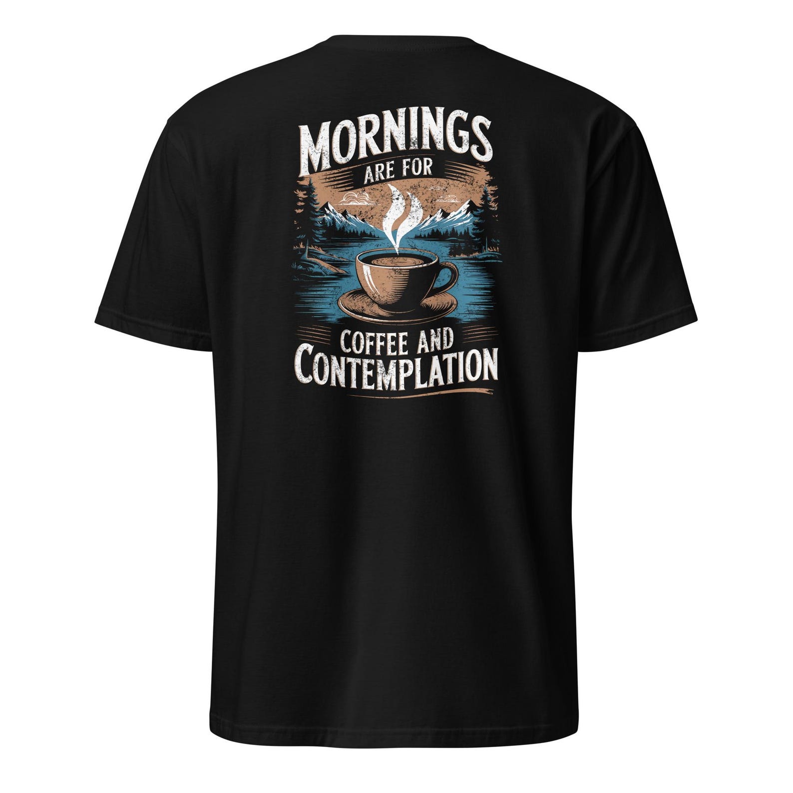 Coffee and Contemplation Back Print Shirt, Mountain Lake Scene 2XL
