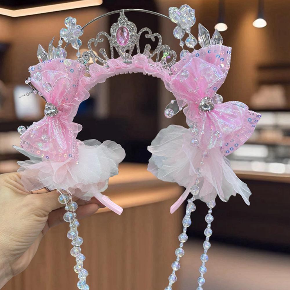 Shiny Fairy Butterfly Pearl Hair Hoops Pearl Tassels Cute Crown Headband Hair Accessories Anti-slip Hair Hoop Fairy Hair Jewelry розовый