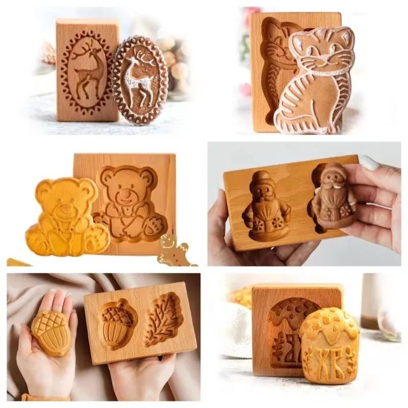 Multi-Shape 3D Wooden Cookie Cutter - Carved Biscuit Stamp Embossing Molds for Festival Baking Gingerbread Making