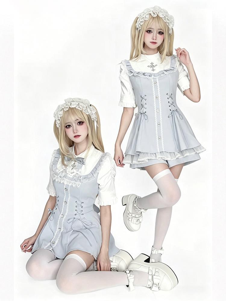 Snowflake Time: Japanese Lolita Stand-Collar Dress Set with Bib & Bow Tie