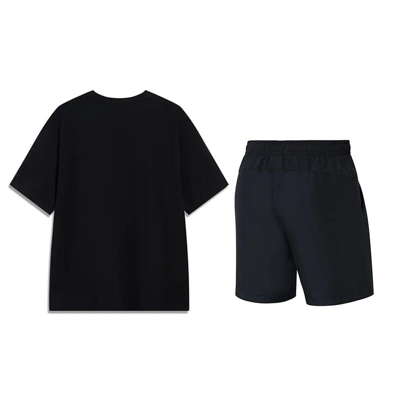 Li Ning Cartoon Trend Round Neck Short Sleeve Elastic Waist Solid Color Five-Point Pants Casual Sports Suit Unisex Suit Black YHSU221-1+YKST119-1