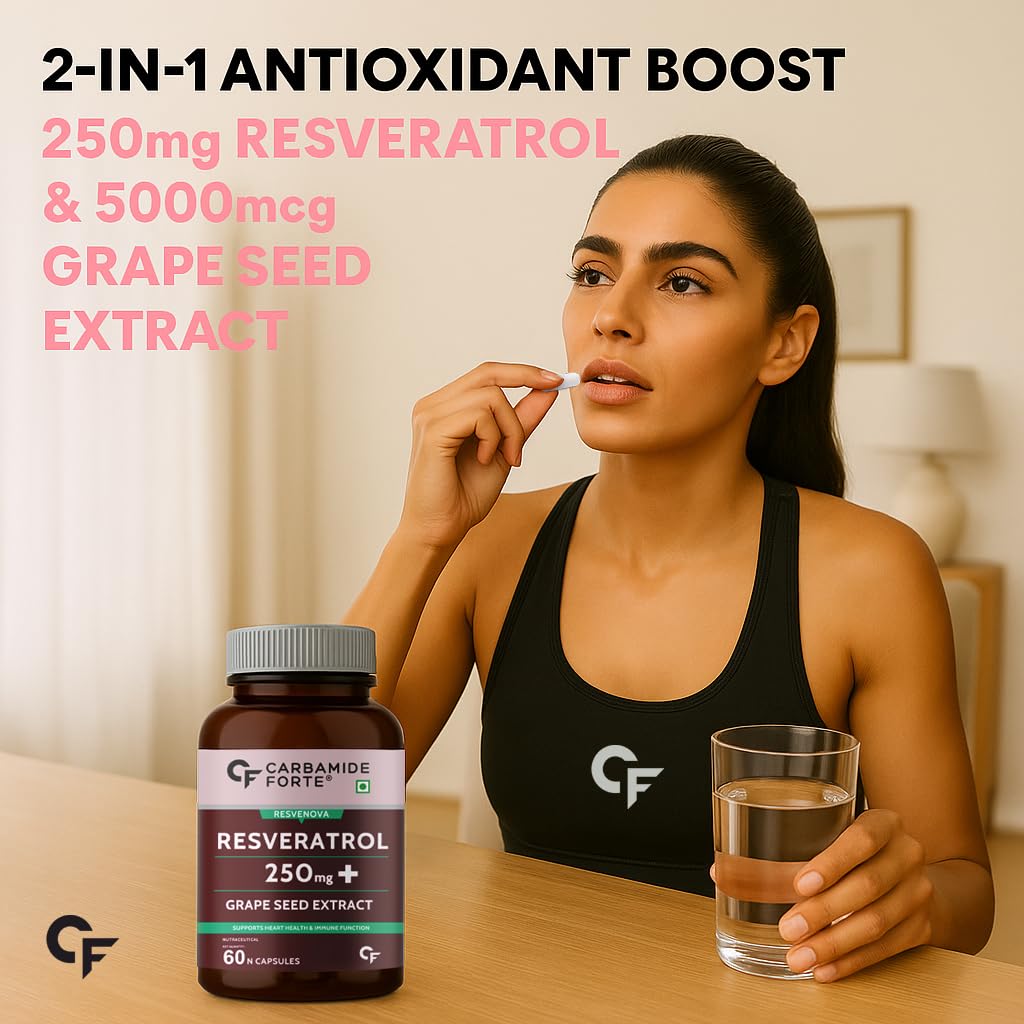 Carbamide Forte Resveratrol 250mg with Grape Seed Extract 60 Veg Capsules Pack of 1 for Heart and Cognitive Support