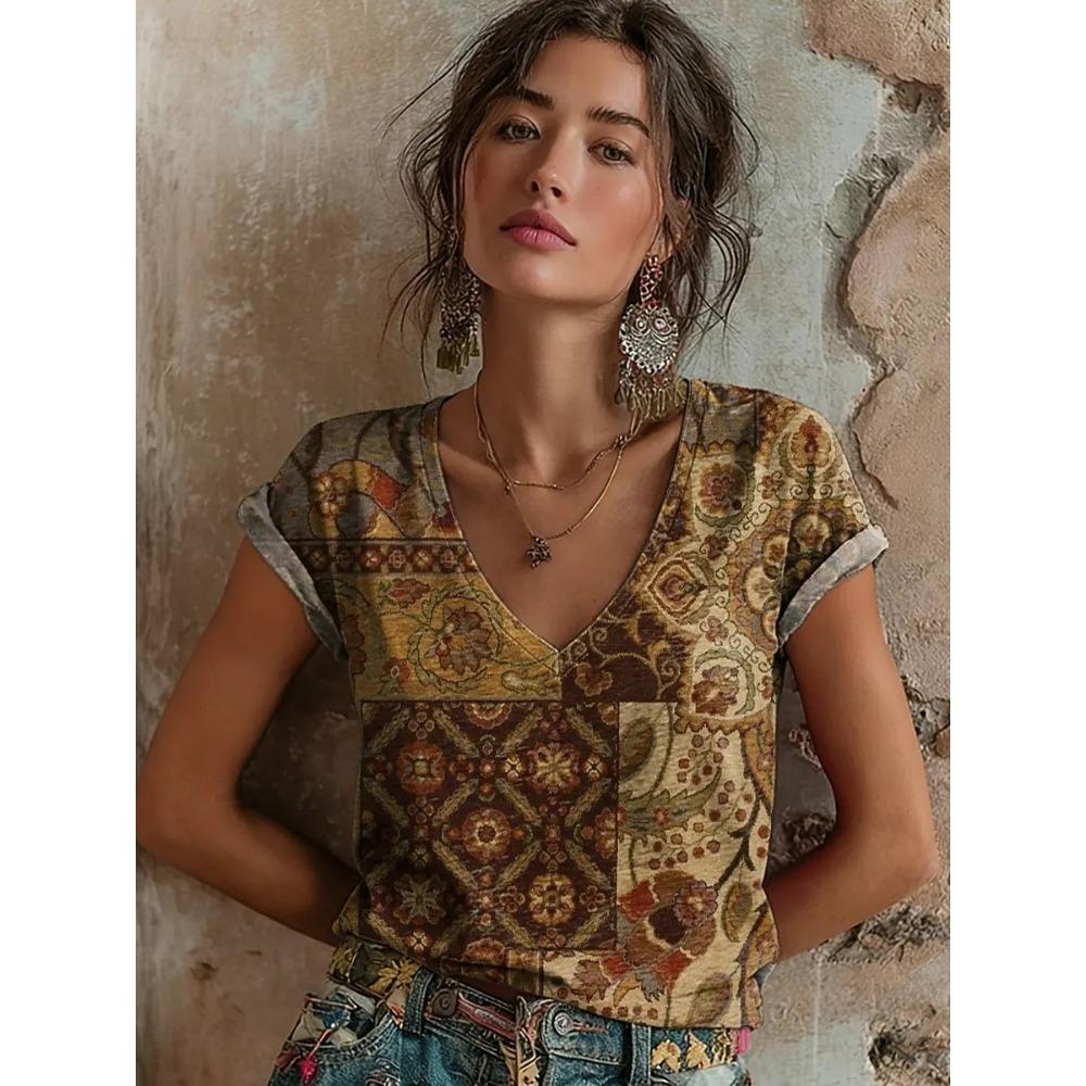 

2026 Women s Tops Women s Floral T-Shirt Summer 2026 Short Sleeve Casual Loose Vintage Streetwear Fashion Clothes for Woman XL
