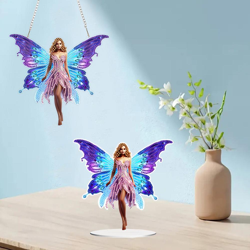 2 Pcs Diamond Painting Hanging Pendant Butterfly Fairy Tabletop Ornaments 5D DIY Diamond Painting Dots Pendant for Window Home